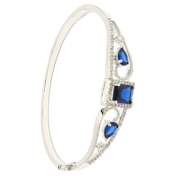 Rhodium Plated Silver Toned Blue Square & Teardrop American Diamond Studded Cuff Bracelet