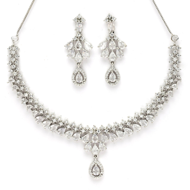 Rhodium Plated Teardrop Symphony Design with White American Diamond Stone Studded Jewellery set