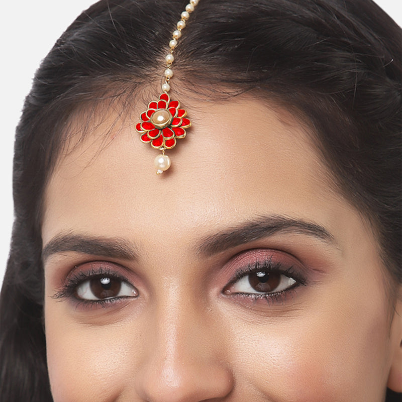 Gold-Plated Pearl Studded Red Flower Maang Tikka