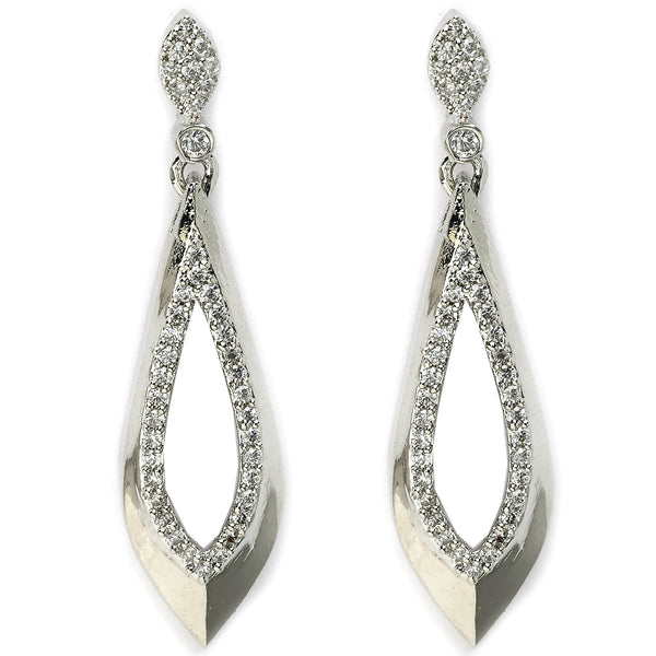 Rhodium Plated Silver Toned with Stylish American Diamond Small Drop Earrings
