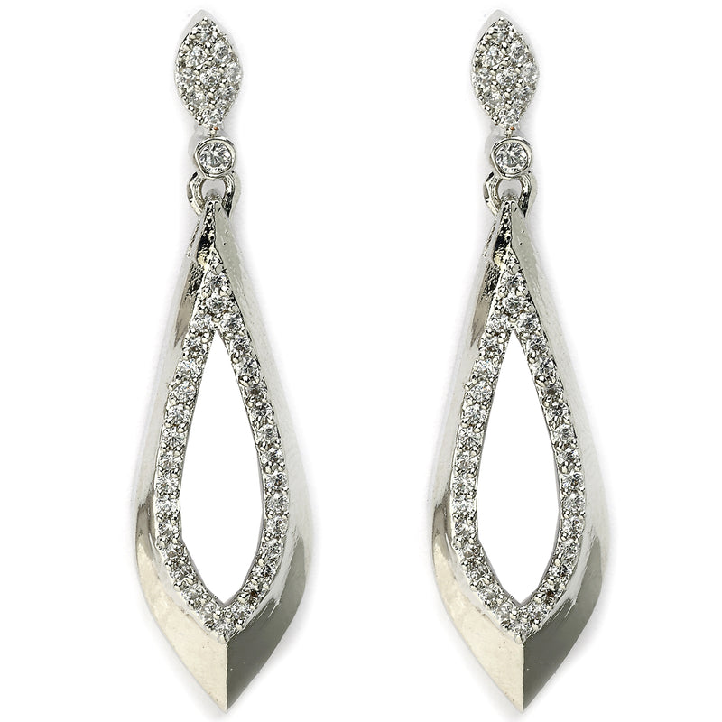 Rhodium Plated Silver Toned with Stylish American Diamond Small Drop Earrings