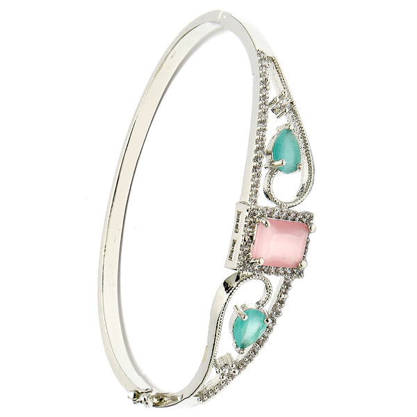 Rhodium Plated Silver Toned Pink Square & Mint Green Teardrop American Diamond Studded Cuff Bracelet