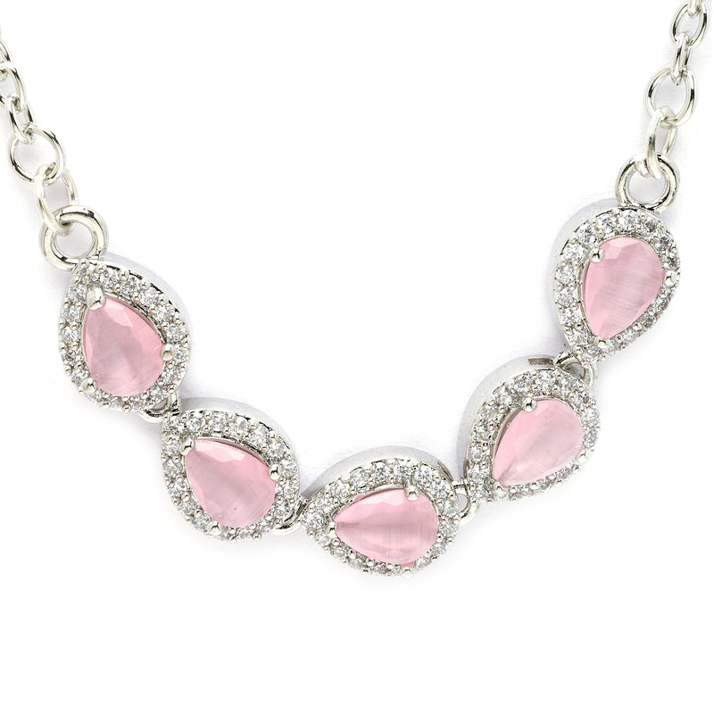 Rhodium Plated with Pink American Diamond & Classy Tear Drop Shape Pendant Set