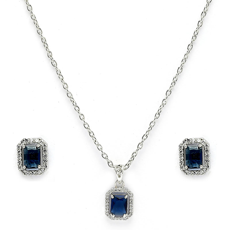 Rhodium Plated with Blue American Diamond Studded Rectangular Shaped Pendant Set
