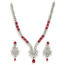 Rhodium Plated Silver Toned  Red American Diamond Studded Jewellery Set