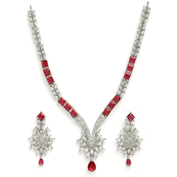 Rhodium Plated Silver Toned  Red American Diamond Studded Jewellery Set
