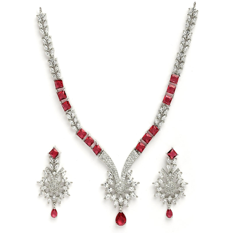 Rhodium Plated Silver Toned  Red American Diamond Studded Jewellery Set