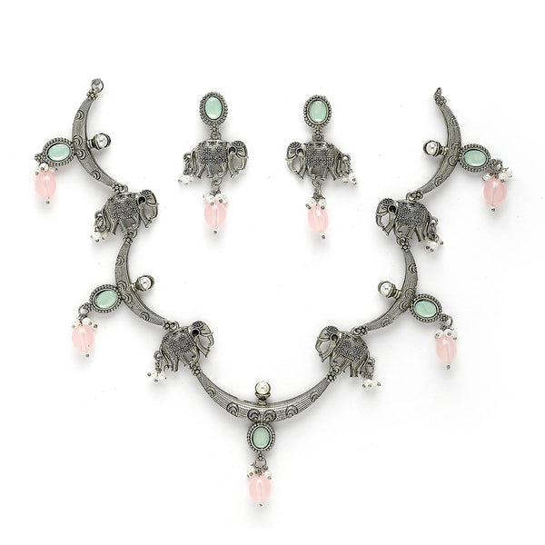 Oxidized Plated with Pink Pearl & Stone Studded Jewellery Set