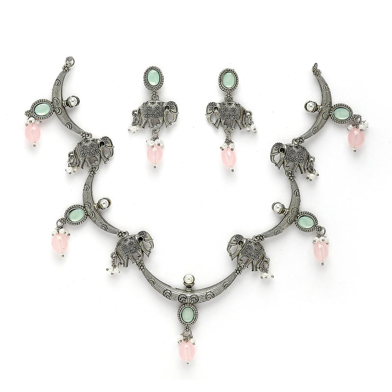 Oxidized Plated with Pink Pearl & Stone Studded Jewellery Set