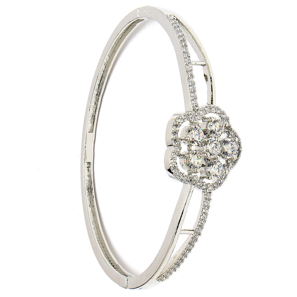 Rhodium Plated Silver Toned Floral Cluster Round White AD Studded Cuff Bracelet