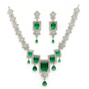 Rhodium Plated Silver Toned Rectangular Shaped Green & White American Diamond Studded Jewellery Set
