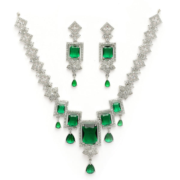 Rhodium Plated Silver Toned Rectangular Shaped Green & White American Diamond Studded Jewellery Set