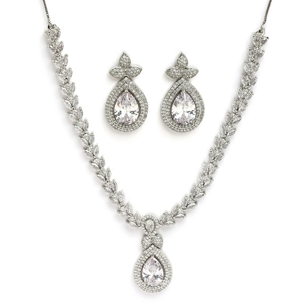 Rhodium Plated Silver Toned White American Diamond Studded Jewellery Set