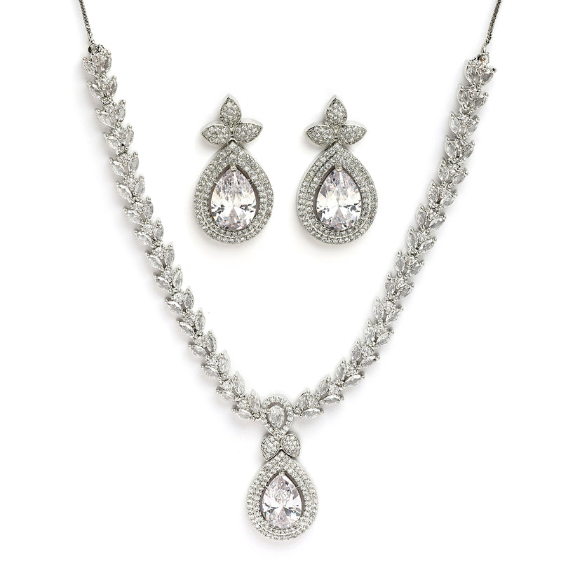 Rhodium Plated Silver Toned White American Diamond Studded Jewellery Set