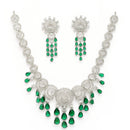 Rhodium Plated Silver Toned Teardrop Shaped Green & White American Diamond Studded Jewellery Set