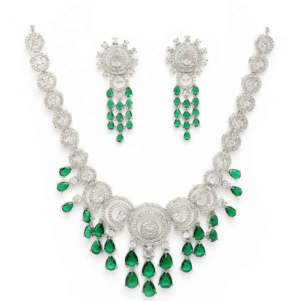 Rhodium Plated Silver Toned Teardrop Shaped Green & White American Diamond Studded Jewellery Set