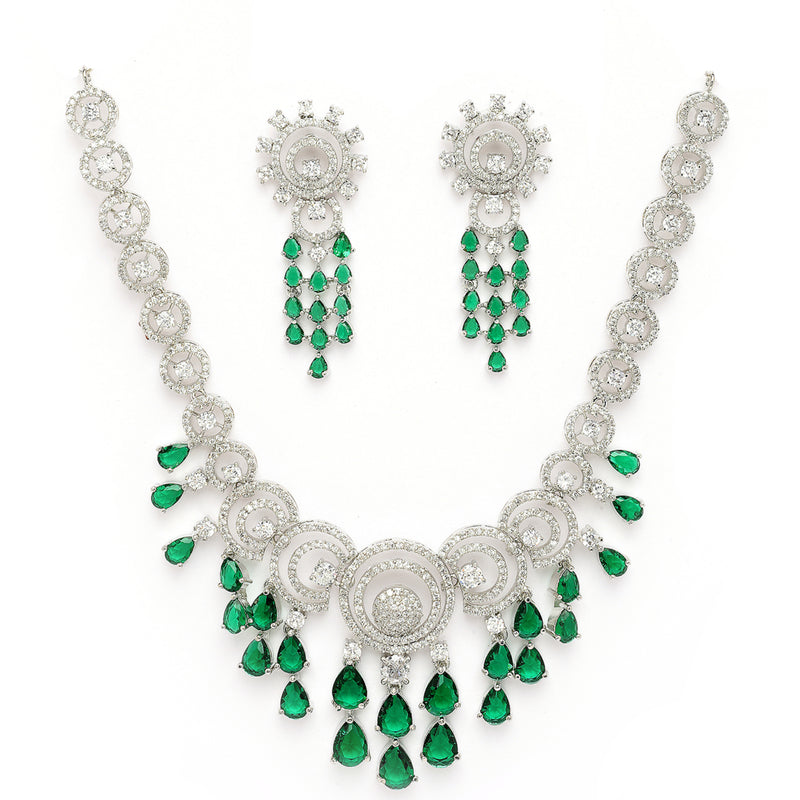 Rhodium Plated Silver Toned Teardrop Shaped Green & White American Diamond Studded Jewellery Set
