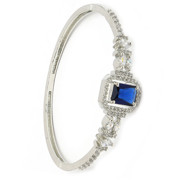 Rhodium Plated Silver Toned Blue Rectangle American Diamond Studded Cuff Bracelet