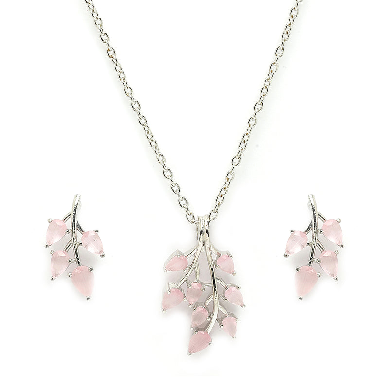 Rhodium Plated with Leaf Shaped Design & Pink American Diamonds Studded Pendant Set
