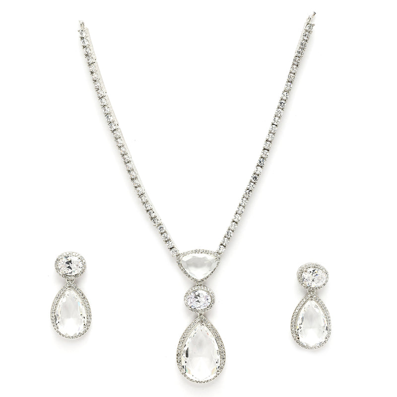 Rhodium Plated Teardrop Shaped Crystal White American Diamond Studded Necklace Set
