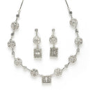 Rhodium Plated Silver Toned Blossom and Square Design White American Diamond Stone Studded Jewellery Set