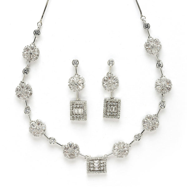 Rhodium Plated Silver Toned Blossom and Square Design White American Diamond Stone Studded Jewellery Set