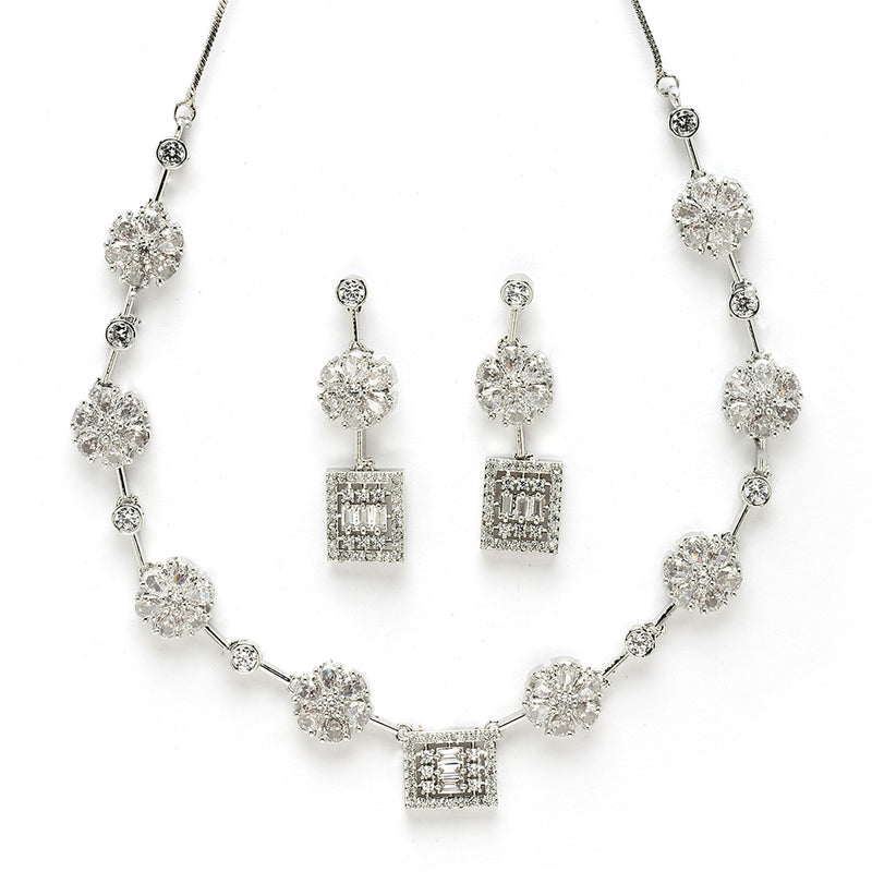 Rhodium Plated Silver Toned Blossom and Square Design White American Diamond Stone Studded Jewellery Set