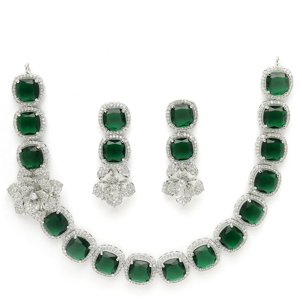 Rhodium Plated Silver Toned Green Cussion Cut AD Studded  Necklace With Matching Drop Earrings