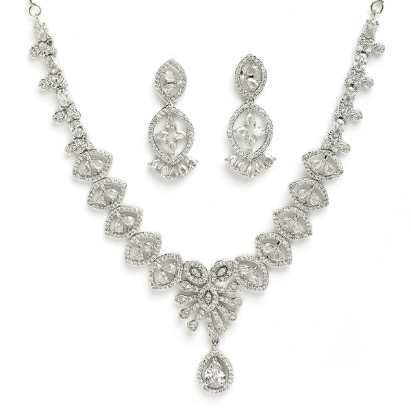 Rhodium Plated Silver Toned White American Diamond Stone Studded Jewellery Set
