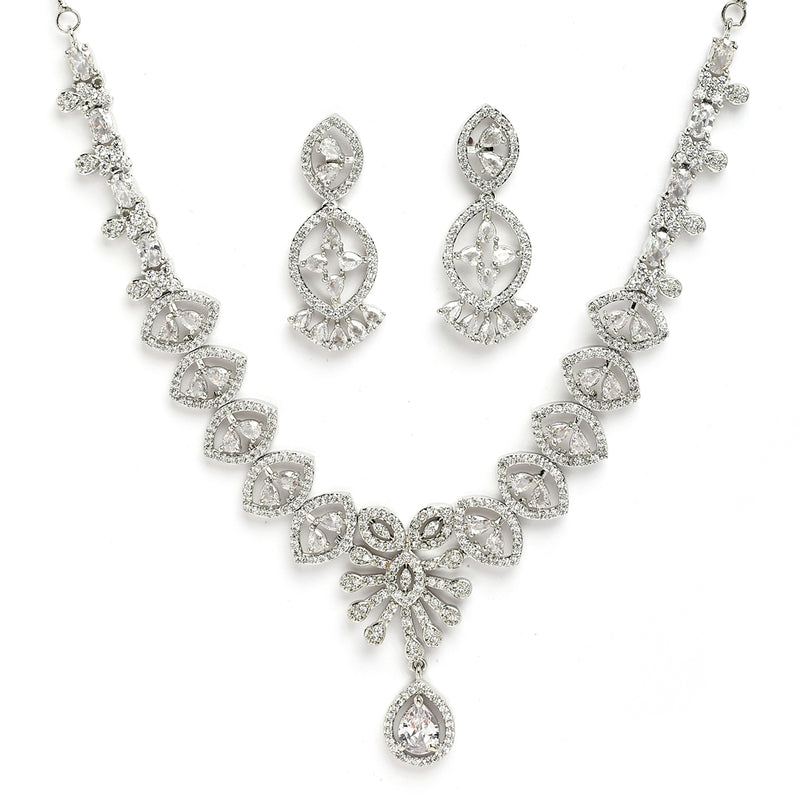 Rhodium Plated Silver Toned White American Diamond Stone Studded Jewellery Set