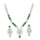 Rhodium Plated Silver Toned Green American Diamond Studded Jewellery  Set