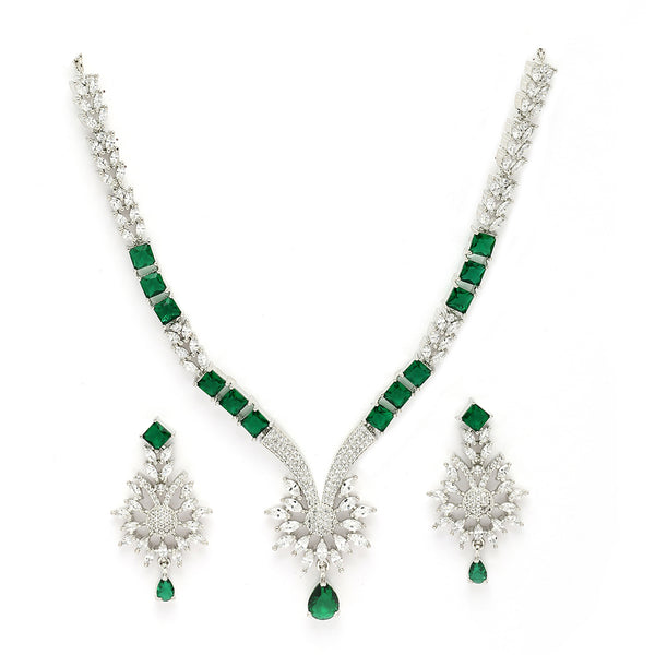 Rhodium Plated Silver Toned Green American Diamond Studded Jewellery  Set