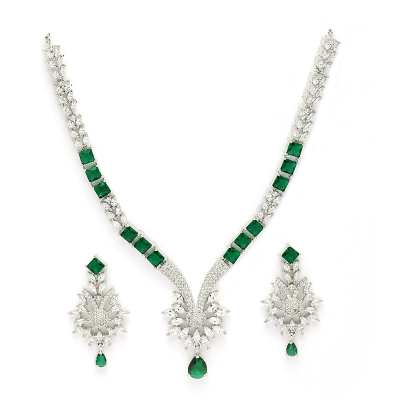 Rhodium Plated Silver Toned Green American Diamond Studded Jewellery  Set