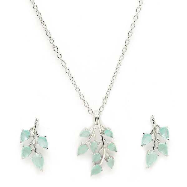 Rhodium Plated with Leaf Shaped Design & Sea Green American Diamonds Studded Pendant Set