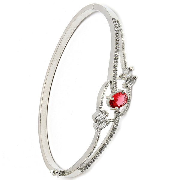Rhodium Plated Silver Toned  Red Oval American Diamond Studded Cuff Bracelet