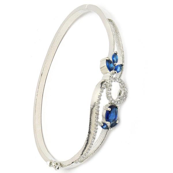 Rhodium Plated Silver Toned Nature Inspired Blue Oval American Diamond Studded Cuff Bracelet