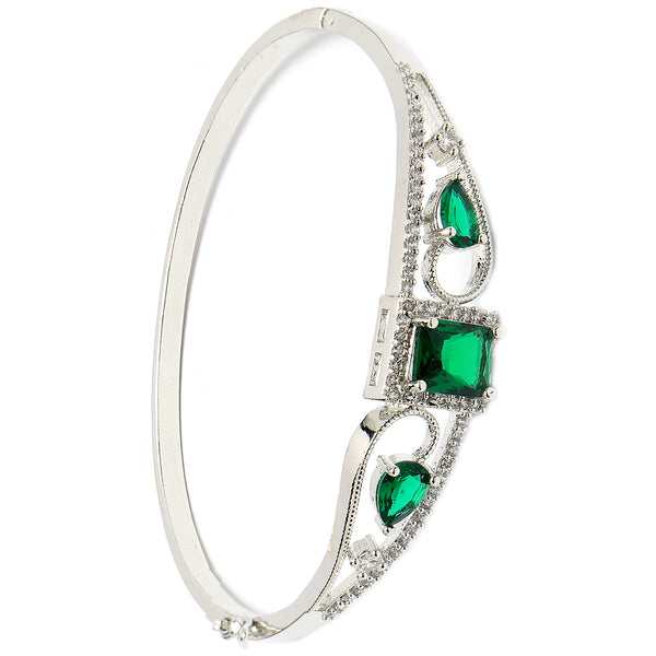 Rhodium Plated Silver Toned Green Square & Teardrop American Diamond Studded Cuff Bracelet