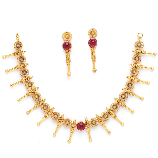 Gold Plated with Antique Gold Design Red Stone Studded Jewellery Set