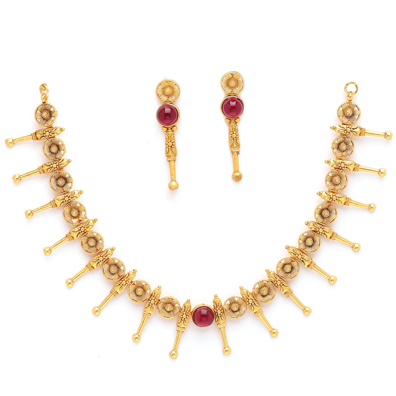 Gold Plated with Antique Gold Design Red Stone Studded Jewellery Set