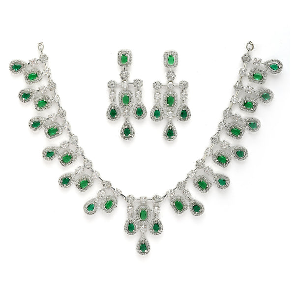 Rhodium Plated Emerald Green American Diamond Stones Studded Jewellery Set