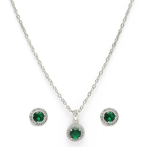 Rhodium Plated with Round Green American Diamond Studded Pendant Set