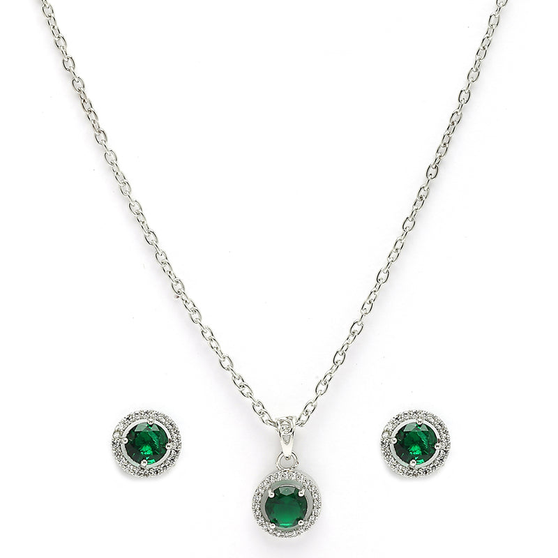 Rhodium Plated with Round Green American Diamond Studded Pendant Set