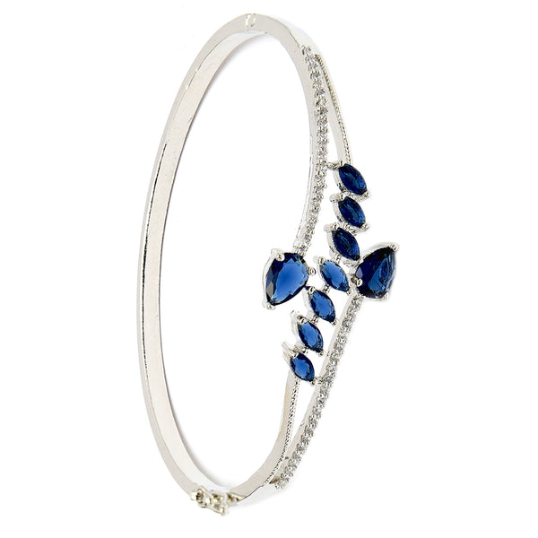 Rhodium Plated Silver Toned  Leaf Design Blue Teardrop American Diamond Studded Cuff Bracelet