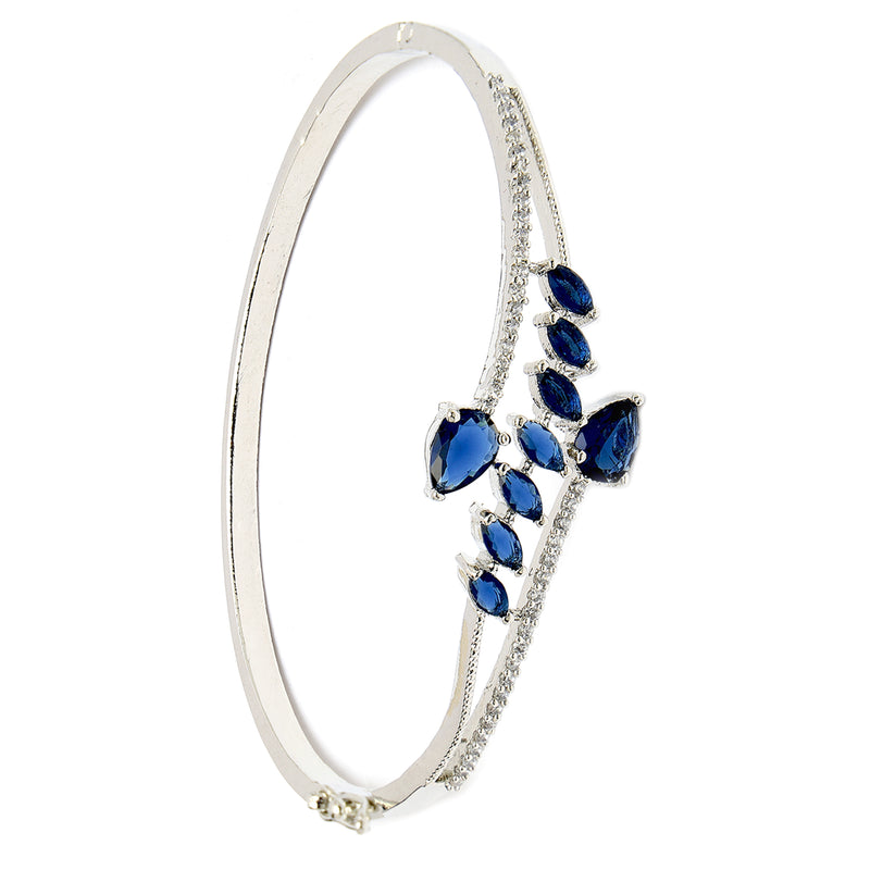 Rhodium Plated Silver Toned  Leaf Design Blue Teardrop American Diamond Studded Cuff Bracelet