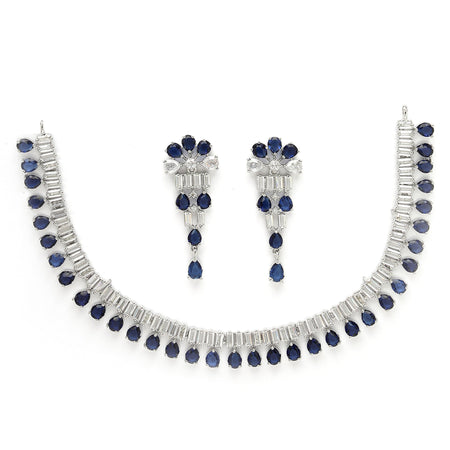Rhodium Plated Silver Toned Blue American Diamond  Studded Classic Necklace With Floral Drop Earrings