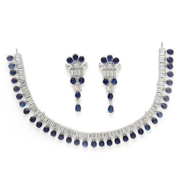 Rhodium Plated Silver Toned Blue American Diamond  Studded Classic Necklace With Floral Drop Earrings