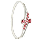 Rhodium Plated Silver Toned  Leaf Design Red Teardrop American Diamond Studded Cuff Bracelet