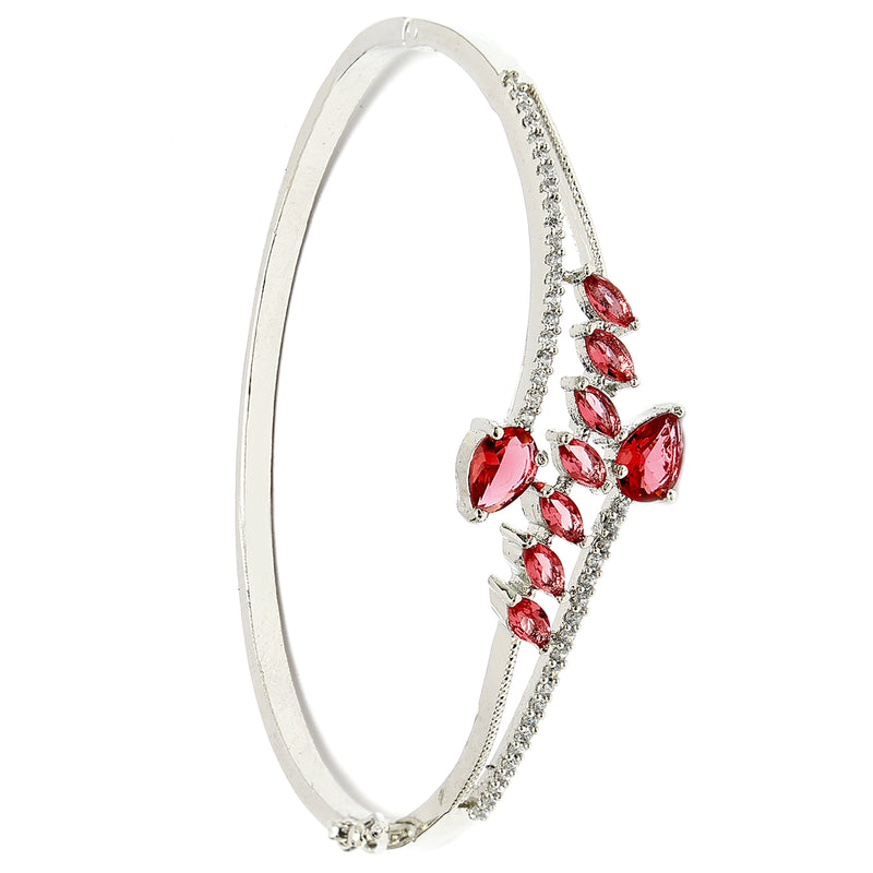 Rhodium Plated Silver Toned  Leaf Design Red Teardrop American Diamond Studded Cuff Bracelet