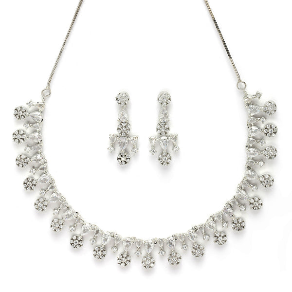 Rhodium Plated Silver Toned Cascade Design & White American Diamond Stone Studded Jewellery Set