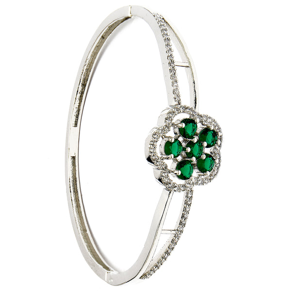 Rhodium Plated Silver Toned Floral Cluster Green American Diamond  Studded Cuff Bracelet